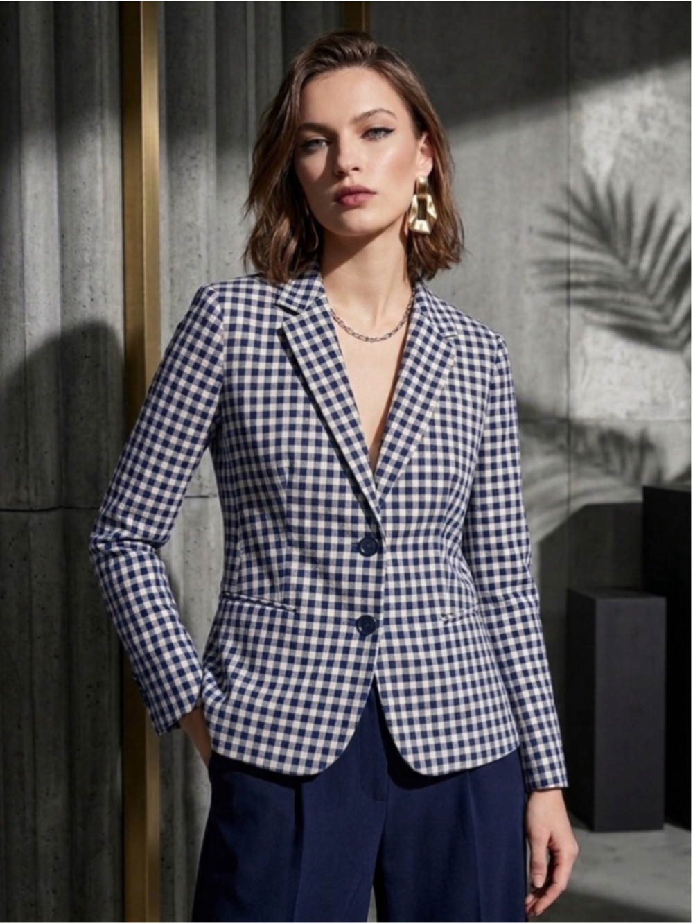 J. Crew Navy and White Gingham Plaid Classic Notch-Lapel Career Blazer Sz Large